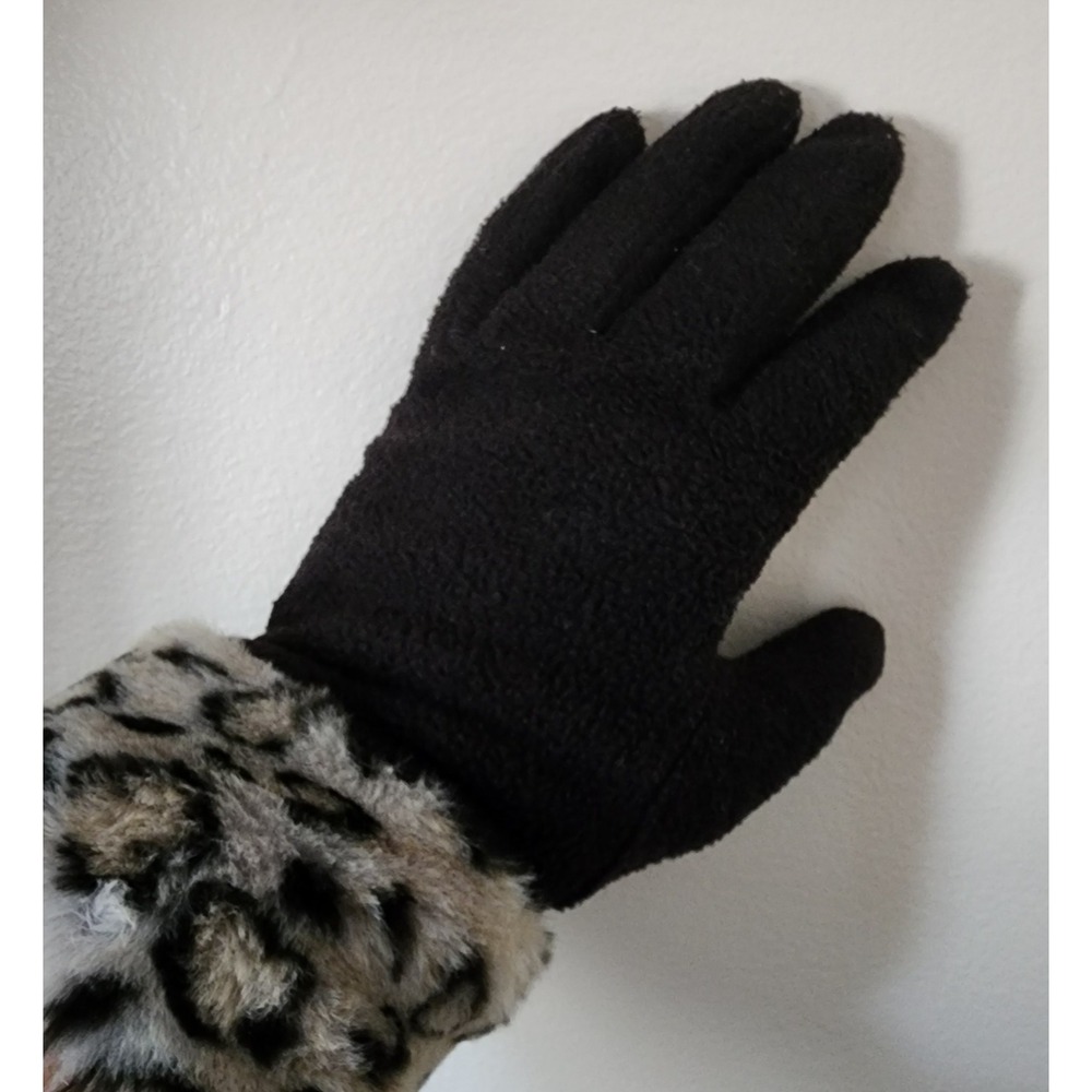Y2k Black Fleece Wrist Gloves with Faux Leopard Trim by Preston & York One Size